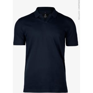 A navy blue men's polo shirt with a V-neck and short sleeves, featuring a logo on the chest.