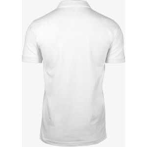 A white v-neck polo shirt featuring a classic fit and a logo on the front, designed for men.