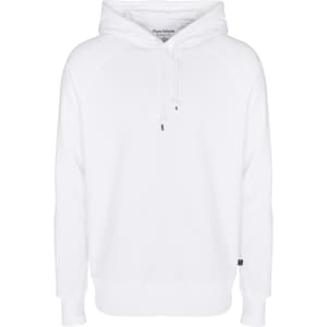 A white hoodie with a drawstring hood, featuring a logo on the front.