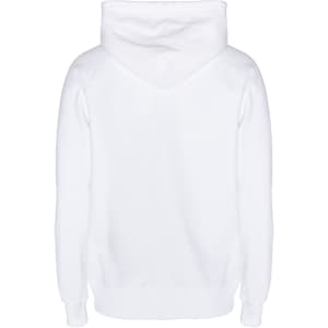 A white hoodie with a hood and long sleeves, featuring a logo on the back.