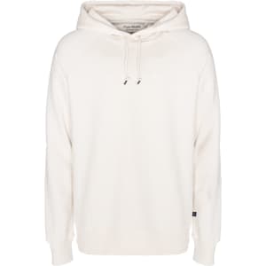 A cream hoodie with a drawstring hood and a logo on the hem. Perfect for casual wear.