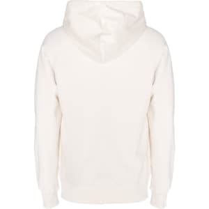 A white hoodie with a hood, featuring a plain back design. It has long sleeves and ample room.