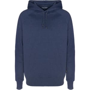 A navy blue hoodie with a drawstring hood and a logo on the label. The design features a relaxed fit.