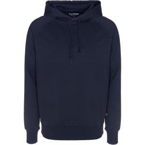 A navy hoodie with a drawstring hood and long sleeves, featuring a small logo on the side.