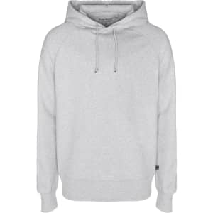 A grey hoodie with a drawstring hood, featuring a logo and long sleeves.