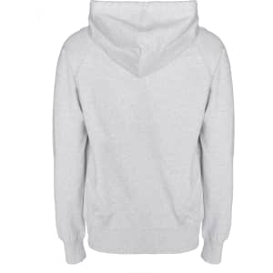 A grey hoodie with a hood and ribbed cuffs, featuring a plain back design.