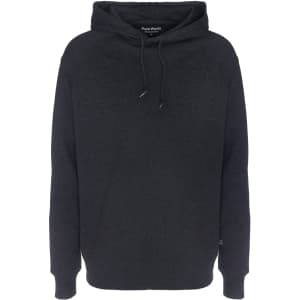 A black hoodie with a drawstring hood and raglan sleeves, featuring a logo on the front.
