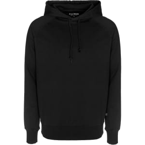 A black hoodie featuring a drawstring hood and a logo on the label. Designed with long sleeves and a relaxed fit.