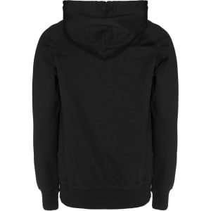 A black hoodie featuring a back view with a hood, elastic cuffs, and a fitted hem. It includes a branding logo.