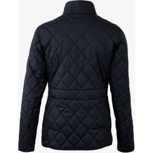A navy quilted women's jacket with a stand-up collar and a fitted silhouette, featuring a logo on the back.
