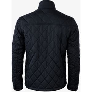 A black quilted jacket featuring a high collar and an elasticated cuff, with a logo on the sleeve.
