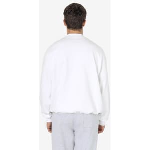 A white heavy fleece pullover viewed from the back, featuring a relaxed fit and long sleeves.