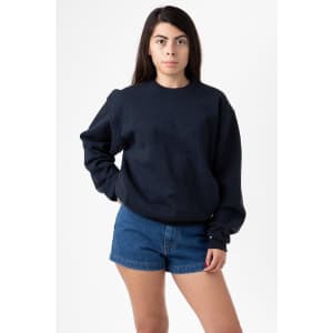 A navy heavy fleece pullover sweater worn by a model, paired with denim shorts. The sweater has a logo.
