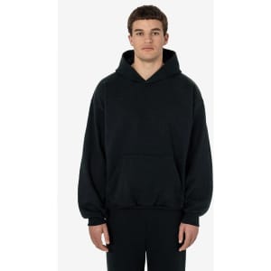 A black heavy fleece hood pullover with a front pocket and a hood, displayed on a model.