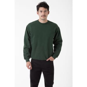 A green heavy fleece pullover sweater worn by a male model, featuring long sleeves and a relaxed fit.
