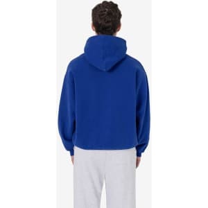 A blue hooded pullover made of heavy fleece, featuring a logo, viewed from the back.