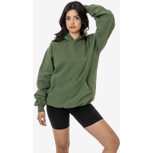 A green heavy fleece hooded pullover with a front pocket, modelled by a person wearing black shorts.