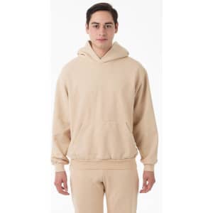 A beige heavy fleece hooded pullover displayed on a model, featuring a front pocket and a logo.