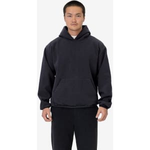 A heavy fleece hooded pullover in black, featuring a kangaroo pocket and a relaxed fit.