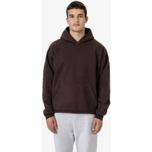 A heavy fleece hooded pullover in dark brown, featuring a large front pocket and a hood.