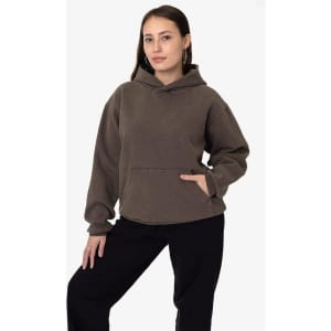 A brown heavy fleece hooded pullover displayed on a model, featuring a front pocket and a relaxed fit.