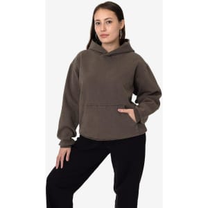 A brown heavy fleece hooded pullover displayed on a model, featuring a front pocket and a relaxed fit.