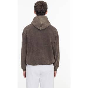 A brown heavy fleece hooded pullover viewed from the back, featuring a relaxed fit and a hood.