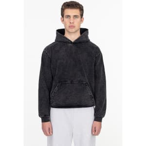 A black mineral wash heavy fleece hooded pullover with a front pocket and a drawstring hood.