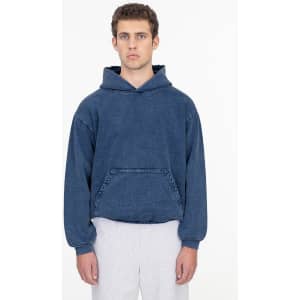 A blue mineral wash heavy fleece hooded pullover with a kangaroo pocket and a relaxed fit.