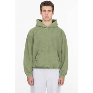 A heavy fleece hooded pullover in green, featuring a front pocket and a relaxed fit.