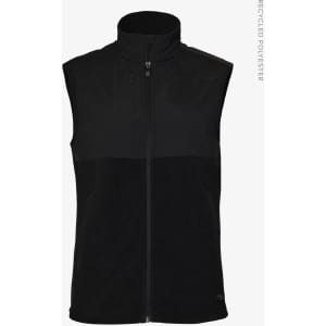 A sleeveless unisex vest in black, featuring a zip front and made from recycled polyester. Includes a logo.