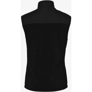 A black unisex vest featuring a high collar and a simple design, with a solid back and shoulder detail.
