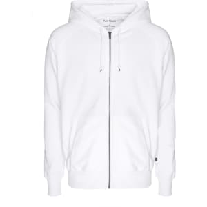A white zip hoodie featuring a hood and a branded logo. Ideal for casual wear.