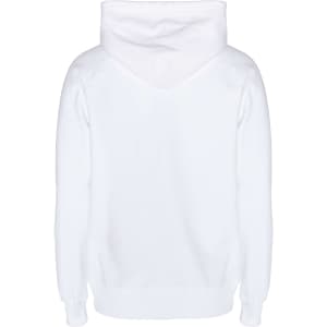 A white zip hoodie with a hood and long sleeves, featuring a logo on the back.