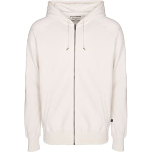 A cream-coloured zip hoodie with a drawstring hood and front pockets. It features branding on the label.