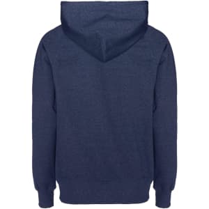A navy blue zip hoodie with a hood, featuring elastic cuffs and a logo. The back is plain and unadorned.