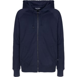 A navy zip hoodie featuring a front zip closure and a hood. It has long sleeves and a logo on the design.