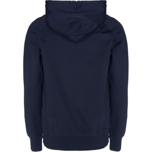 A navy zip hoodie featuring a hood, ribbed cuffs, and a logo.