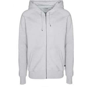 A light grey zip hoodie with a hood, featuring pockets and a branding logo.
