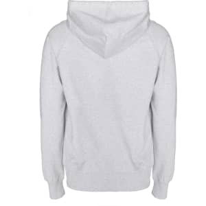 A grey zip hoodie with a hood and ribbed cuffs, featuring a logo on the back.