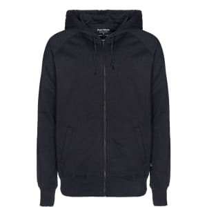 A black zip hoodie with a front zipper, two pockets, and an adjustable hood. Features a logo on the label.