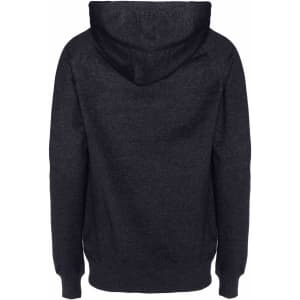 A dark grey zip hoodie with a hood and long sleeves, featuring a simple design and a logo.