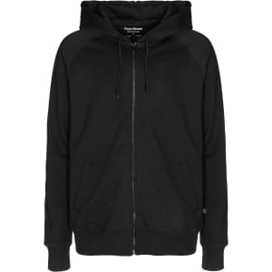 A black zip hoodie with a front zipper, drawstrings, and a logo on the label.
