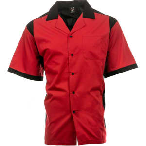 A red and black woven bowling shirt featuring a button-up design and a chest pocket. It has a logo on the collar.