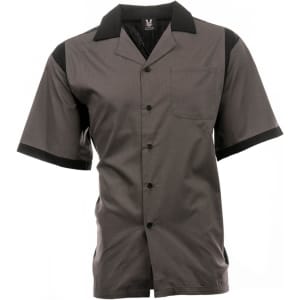 A grey and black woven bowling shirt featuring a button-up design and a single chest pocket.