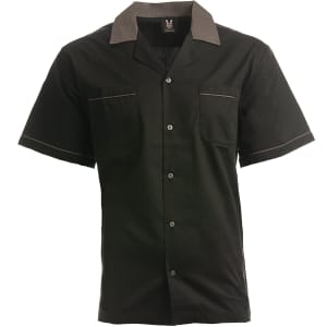 A black button-up bowling shirt with grey collar and pocket detailing. Features a logo on the chest.