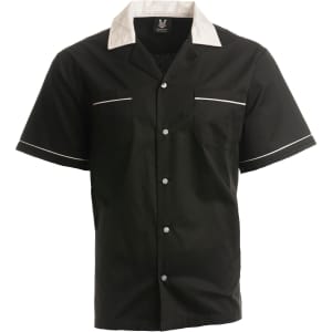 A black button-up shirt with a white collar and trim, featuring a left chest pocket and a logo.