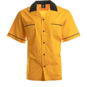 A yellow button-up bowling shirt featuring black accents and two front pockets. It includes a logo.