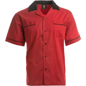 A red button-up bowling shirt with a black collar and trim, featuring two front pockets.