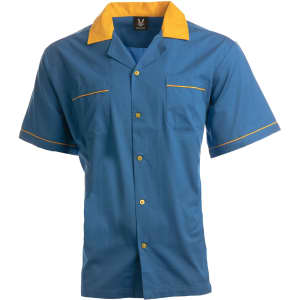 A blue button-up shirt with a yellow collar and trim, featuring two front pockets and a logo.